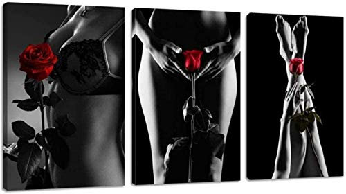 SHYJBH Impression sur Toile 3 pièces 60x80cm sans Cadre Sexy Femme Wall Art Noir et Blanc Femme Fille avec Rose Rouge Photo Peinture oeuvre pour Chambre décor
