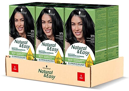 Schwarzkopf, Natural & Easy, Tinta per Capelli Permanente, Nutriente, con Olio d'Oliva ed Estratto di Lavanda, Copertura dei Capelli Bianchi, Tonalità 573 Castano Scuro Freddo, 6 pz