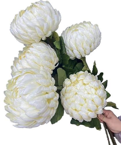 Gladiolus garden Künstliche runde Ananas-Chrysanthemen-Zweige mit grünen Blättern, künstlicher großer Callistephus Chinensis für Blumenarrangement, milchig weiß, 5 Stück