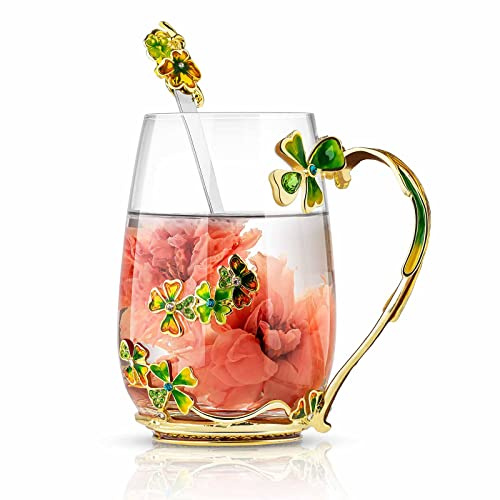 Luka Tech Four-Leaf Clover Flower Glass Tea Cup Gifts for Women