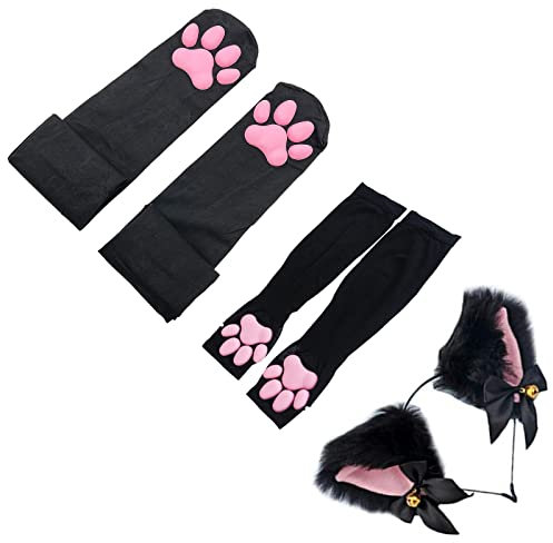 ZTVOWTO Süße Katze Paw Pad Oberschenkel Hohe Cosplay Socken mit rosa 3D Kitten Claw Fäustlingen Lange fingerlose Handschuhe und Fuchsohr Stirnband für Mädchen Frauen (Schwarz-3)