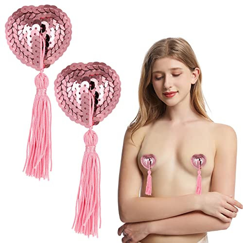 Cache-tétons adhésifs réutilisables pour tétons sexy à paillettes brillantes en forme de cœur avec pompon pour couples, jeu de rôle, accessoire de fête, rose, taille unique