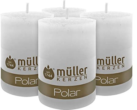 Müller Kerzen POLAR Stumpenkerzen mit Raureif-Effekt - Set mit 4 Rustikale Kerzen - Weiß - 68 x 100 mm - Lange Brenndauer 46 Stunden - Ohne Duft - RAL Qualität - Tropfenfrei