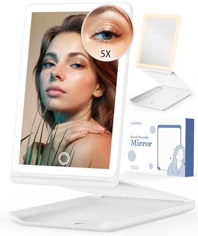 Jack & Rose Miroir de voyage avec lumière, Miroirs de Poche, Miroir de maquillage de voyage avec grossissement, hauteur et angle réglables, miroir pliable portable