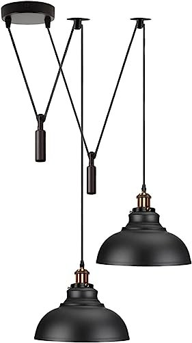 LEDSONE 2 Head Ceiling Pendant Spider Light, 29cm Metal Light Shade, Adjustable 195cm Cord, Vintage Edison 60w E27 Bulb Base, Industrial Retro Lighting, Island Lamp for Dinner Room Kitchen, Black