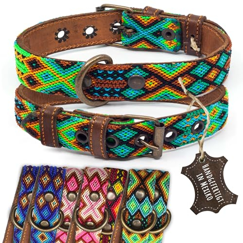 ALTEZAR Hundehalsband Leder - braunes Rindsleder Tribal Grün/Braun/Beiges durchgehend Bestickt - Handgemacht in Mexiko Lederhalsband Hund - Größe S - für kleine Hunde