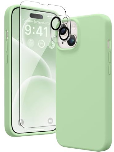 GONEZ 5 in 1 for iPhone 14 Case, Slim Silicone Case with 2X[Screen Protectors + Camera Lens Proctetors], Soft Microfiber Lining, Shockproof Full Body Protective Phone Cover 6.1, Green