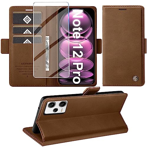 Giyer Handyhülle für Xiaomi Redmi Note 12 Pro 5G Hülle mit Displayschutzfolie, Schutzhülle Note 12 Pro PU Leder Wallet Flip Case Ständer Kartenfach Klapphülle für Xiaomi Note 12 Pro Tache (Braun)