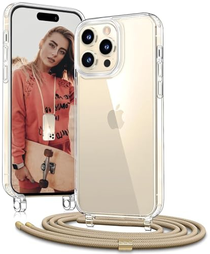 OLEPHY Coque avec Cordon pour iPhone 15 Pro Max 6.7'', Coque avec Collier Ajustable, Protection Complète [Antichoc] [Anti-Rayures] Coque avec Tour de Cou, Doré