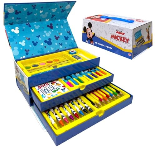 cartoon Coffret avec couleurs pour enfants Mickey Mouse Disney set 52 pièces de couleurs et papeterie boîte avec tiroirs kit dessin et peinture
