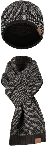 normani Merino Winterset Strick 2-Teiliges Thermo-Set aus Merinowolle bestehend aus Merino Winter Mütze und Merino Winterschal Farbe Braun/Grau
