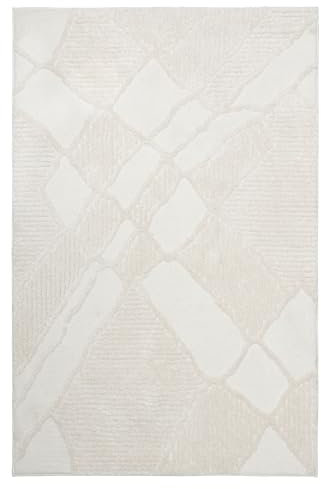 Tesso Living Weicher Hochflor Teppich im Vintage-Look – 80 × 150 cm – Weiß Shaggy-Design mit Berbermuster – Boho & Scandi Stil – ideal für Wohnzimmer & Schlafzimmer