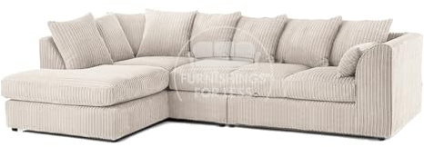 New Luxor Long Fabric Corner Sofa | Soft Jumbo Cord 4-5 Seater Corner Sofa Left hand or Right Hand (Cream, Left Hand Facing - Scatter Back)