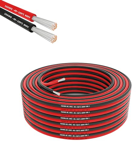 Cavo elettrico 10AWG 5,3mm² 2×5M, cavo flessibile rosso nero, cavo in rame stagnato senza ossigeno resistente ad alta temperatura 600V per batteria auto, lampada a LED, pannello solare (10/2-5M).