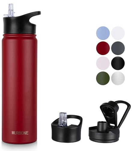 MURBONE Insulated Water Bottle, 750ml Stainless Steel Drink Flask with Straw, BPA Free, 2 Lids (Straw Lid and Spout Lid), Leakproof Double Walled Vacuum Water Bottle, Red