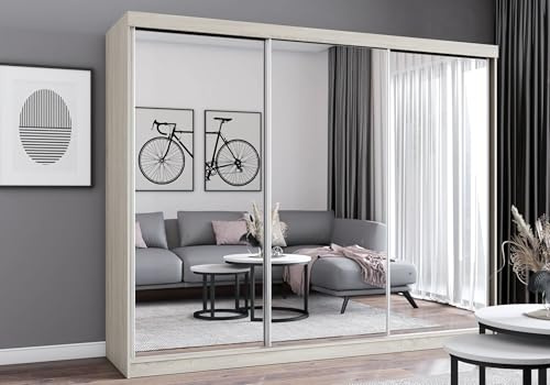 Fabryka Mebli Idźczak Kleiderschrank mit Spiegel - Schwebetürenschrank - Schlafzimmerschrank - 64 x 203 x 215 cm - Wohnzimmerschrank - Garderobenschrank, Schrank mit DREI Türen, modern - Imoebel24