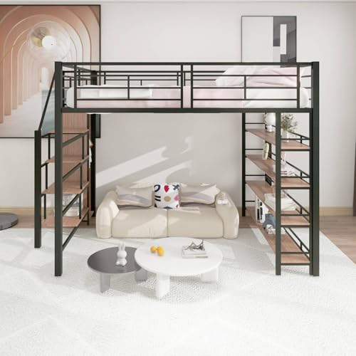PUGSDRLY Lit Mezzanine 2 Place,Lit Enfant,Lit Mezzanine Enfant 140x200cm,avec Escalier de Sécurité, Espace de Rangement et Petite Armoire,Etagères,Design de Clôture Haute,Noir