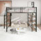PUGSDRLY Hochbett für 2 Personen, Kinderbett, Hochbett für Kinder, 140 x 200 cm, mit Sicherheitstreppe, Stauraum und kleinem Schrank, Regalen, hohes Zaundesign, Schwarz