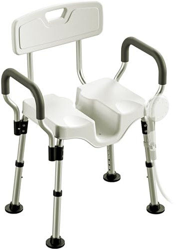 Silla de Ducha con Brazos Asiento de Ducha Resistente, taburetes de baño con Respaldo, Recorte, Asiento Antideslizante en Forma de U, Altura Ajustable para Ancianos, Discapacitados, Mujeres Embarazada
