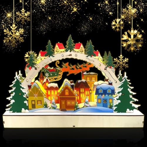 TOPJOWGA Arche de Bougie LED, Arc Lumineux 3D, Arc Lumineux de Noël, LED Maisons de Village de Noël en Bois Lumineuses Décoration, LED Décoration en Bois Illumination Intérieur