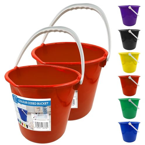 Colour Coded Plastic Bucket with Handle, 2 Gallon (7.5L) Household Heavy Duty Bucket with Spout and Easy-Grip Handle, Multipurpose Water Bucket for Cleaning, Bath, and Gardening (Red Pack of 2)