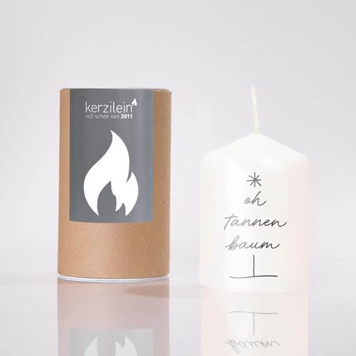 kerzilein Flämmchen OH TANNENBAUM weiß/anthrazit, Stumpenkerze klein 8 x 6 cm, Spruchkerze handveredelt, Geschenkidee zu Weihnachten
