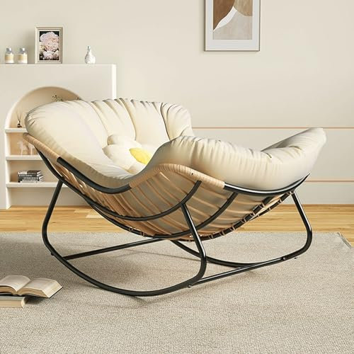 Lounge-Sofa-Sessel, gepolstertes Kissen, Schaukelstuhl, Liegestuhl für Veranda, Wohnzimmer, Wintergarten, Terrasse, Hinterhof, übergroßer Schaukelstuhl in Rattan-Ei-Form, Papasan-Sessel (Beige)