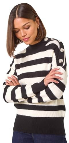 Roman Originals Button Shoulder Stripe Knit Jumper for Women UK - Ladies Everyday Autumn Winter Round Neckline Comfy Soft Evening Vacation Work Party Night Out - Black - Size 18