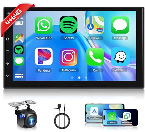 4+64G Inalámbrico Carplay Android 13 Radio de Coche 2 DIN, 7 Pulgadas 2 DIN Radio Coche con Android Auto Navegación GPS Mirror Link Bluetooth WiFi/FM/RDS/EQ/SWC/USB Control del Volante Cámara Trasera