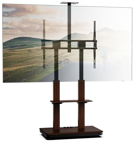 XTRARM Duolite mobiler, höhenverstellbarer TV Ständer für 45-110 Zoll und max. 120 kg, max. VESA 900x800, mit Ablagen und Steckerleiste (Walnuss, Manueller)