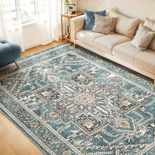 WITSHOCK Teppich Wohnzimmer 270x360 cm: Waschbarer Boho Teppich, rutschfest, Kurzflor, Vintage Schlafzimmer, Küche Flur Esszimmer für Kinder & Haustiere Geeignet-Mattes Blaugrün
