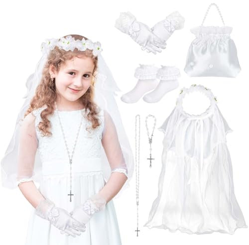 First Communion Veil for Girls, Holy Communion Gifts with Satin Communion Bag Lace Socks White Gloves Rosary Beads Catholic Rose Necklace Bracelet 1st Communion Flower Headband with Veils