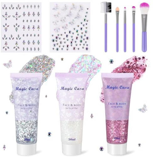 DazSpirit 3pcs Gel Paillettes Visage avec 2x Strass Visage et Pinceau, DIY Strass et Paillettes Festival pour la Visage, Gel Maquillage pour Festivals, Make Up, Face, Corps (blanc, argent, rose)