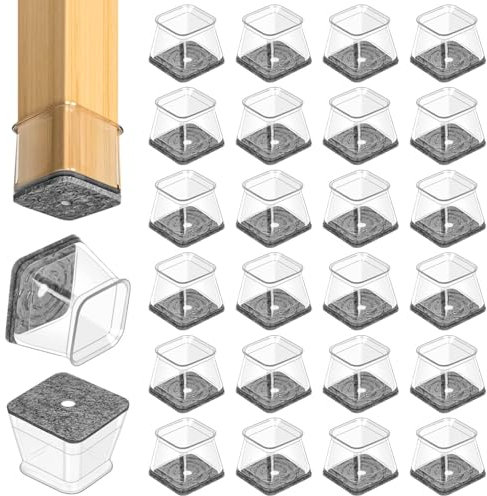 Flintronic Stuhlbeinkappen Eckig, 24PCS Bodenschoner für Stühle, Schutzkappen für Stuhlbeine mit Filz, Klare Silikon Stuhlbeinschoner Zum Schutz von Böden, Groß (26-38 mm)