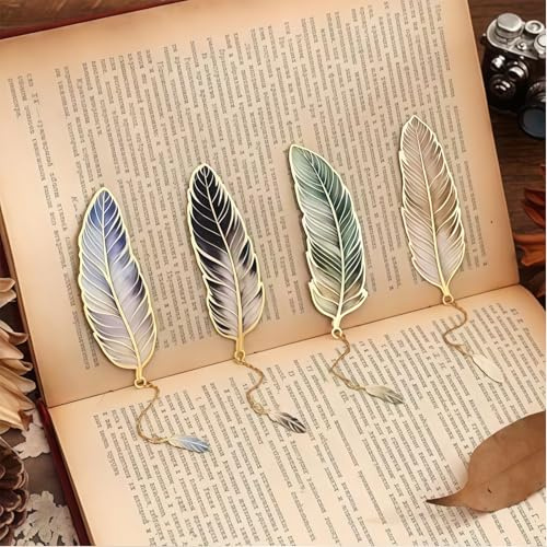 AstraGlam 4 Stück Metall Lesezeichen Set, Elegante Feder Lesezeichen Metall mit Anhänger, Zauberhafte Lesezeichen für Buchliebhaber, Schüler und Lehrer, Personalisierbar und Langlebig