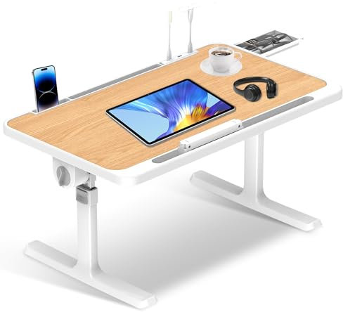 Soontrans Plateau de Lit 60 x 40 CM, Table de lit, Réglable en Hauteur et Angle, Pliable, Support Ordinateur Portable Lit avec Tablette Support, Tiroir, pour Lit, Canapé, Sol, étude (Couleur Bois)