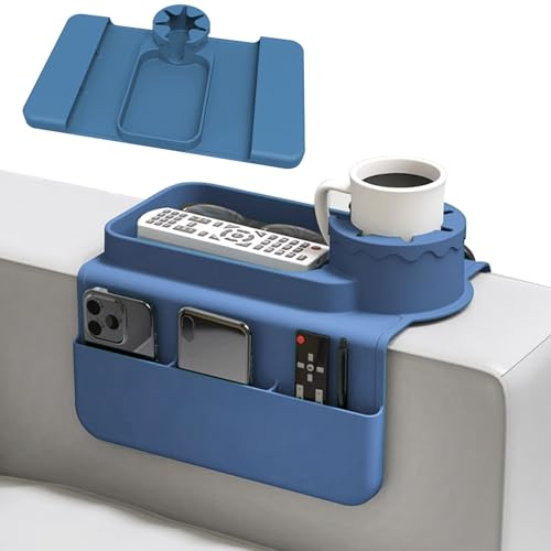 Couch Cup Holder, Silicone Anti-Slip Sofa Armrest Tray with Dual Side Pockets, Blue Anti-Spill Sofa Arm Drink Holder, Large Storage Capacity Couch Arm Tray for Cup Phone Tablet Remote Control Snack
