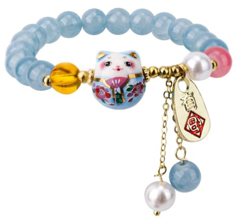 Mikovivi Bracelet Porte-Bonheur Chat Maneki Neko pour Femme, Bracelet Chat Porte Bonheur avec Cristal Bleu Bijou Feng Shui pour la Richesse et la Protection