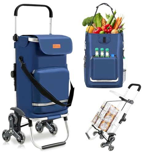 Sekey XXL Einkaufstrolley Treppensteiger mit 3 Rädern, Einkaufswagen | für Camping und Einkäufe mit Höhenverstellbarem Griff, Aluminium 3-in-1 Trolley, Inklusive Kühlfach und Getränkefach, Blau