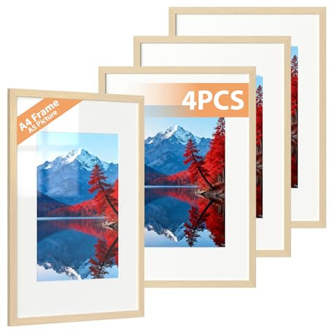 Alyvisun 4 Pack A4 Cornici, Cornice Foto A4 Display Pictures 14x20 cm con Passepartout o 19,7x29,3 cm senza Passepartout, Cornice Foto Orizzontale e Verticale per Muro o Tavolo, Tonalità di Legno