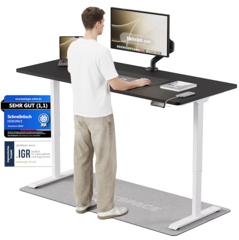 DESKSPACE PRO Elektrisch höhenverstellbarer Schreibtisch (180x80 cm) | Bürotisch mit Kollisionsschutz, Memory-Funktion, USB-Anschluss, 10 Jahre Garantie (Gestell weiß, Tischplatte schwarz)