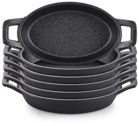 MEIDIV 6Pcs Small Cast Iron Skillets, 16 cm Frying Pan, Sizzler Plates Gratin Dish, Cast Iron Casserole Serving Plates for Oven Safe, Induction Hob Safe