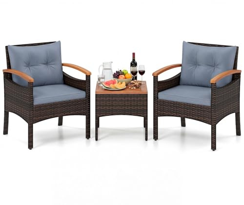 COSTWAY Conjunto Terraza 3 Piezas, Conjunto de Muebles Ratán de jardín, Mesa de Café, 2 Sillas de Ratón con Cojín Desmontable y Respaldo, Madera de Acacia para Patio, Piscina, Balcón (Gris)
