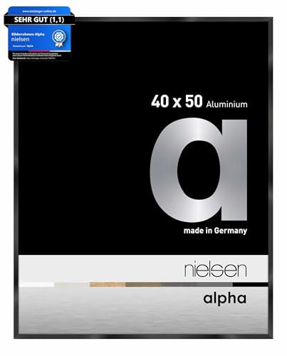 nielsen Bilderrahmen, 40 x 50 cm, Aluminium, Schwarz glanz, Posterrahmen zum Aufhängen im Hoch- & Querformat, Echtglas, Alpha