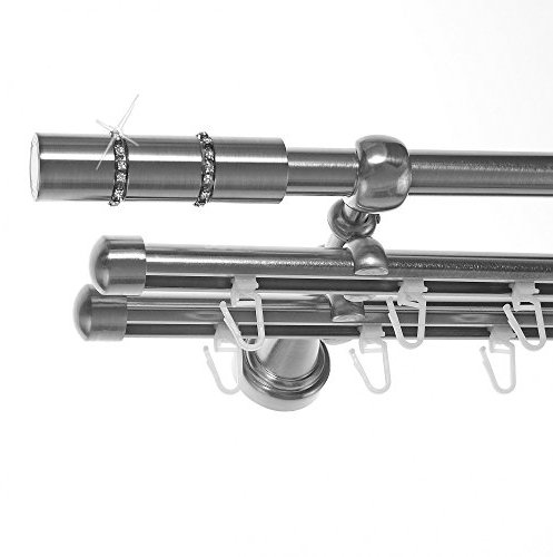 BASIT Rohr + 2X Innenlauf Gardinenstange Wandmontage 3 läufig 280cm lang Edelstahl Look Metall Gardinenstange 3 läufig Wandbefestigung Ø16mm I H14 RII