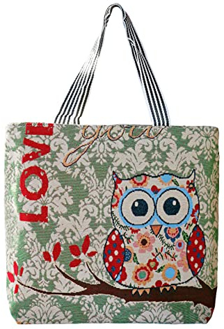Leuchtbox Große Damen Umhängetasche Schultertasche Stofftasche Shopper Bag Tragestasche Strandtasche Bestickter Ethno Style Niedliches Eulenmotiv (Bunt)