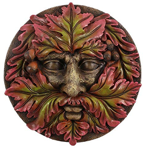 Elegant Green Man Round Face Plaque - 16.5cm x 16.5cm (1 Pc.) - Unique Wall Art Deign & Durable Resin Outdoor Decoration - Perfect for Garden Decor & Gift Idea