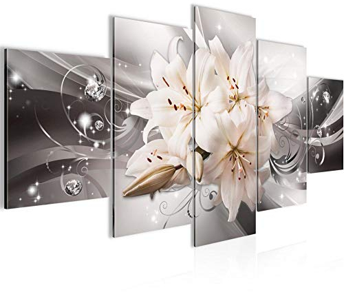 Runa Art Bild Wohnzimmer Schlafzimmer Blumen Lilien 5 Teilig Abstrakt Grau Beige Wandbilder auf Vlies Leinwand 020153c