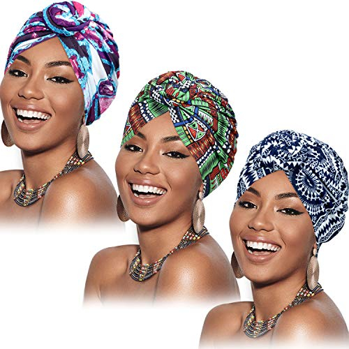 SATINIOR 3 Stücke Afrikanischen Turban für Damen Knoten Pre-Gebunden Motorhaube Hut Kopfbedeckung (Grün Rot Lila Blume)