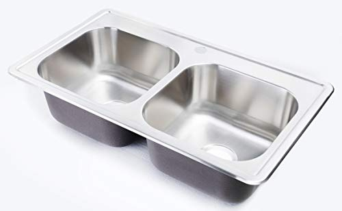 Zuhnë Fortuna 33 Drop In Kitchen Sink, Double Bowl 33 x 19 x 8 in, T304 18/10 Stainless Steel, Satin Finish, 22 Gauge, Single Hole Deck, Sound Dampening Pads, Fast Drain Base